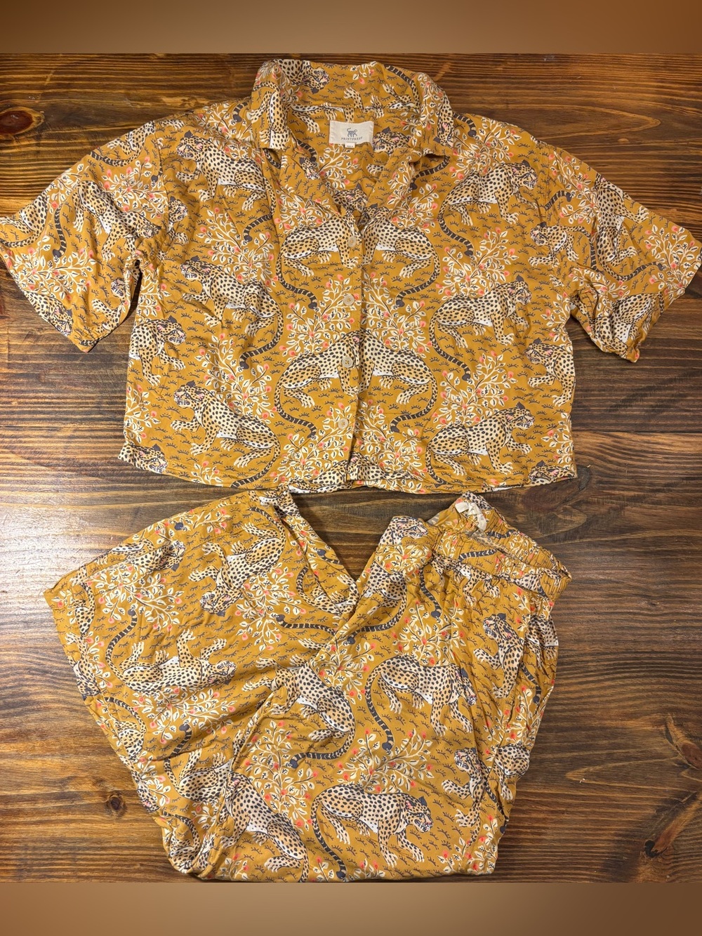 Printfresh Eco Satin 100% Viscose Bagheera Leopard Pajama Set Small Tobacco
